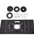 Top Grade Aluminum Router Table Insert Plate With Four Butter Smooth Trim Rings And Dual Inch Metric Scale For Zero Fuss Woodworking Diy And Garage Carpentry Builds, includes black aluminum plate and trim rings.