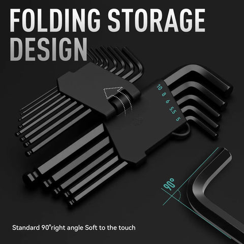 13 Piece Hex Key Allen Wrench Set Metric Sizes 1.27 to 10 MM Ball End Long Arm Chrome Vanadium Steel with folding storage design