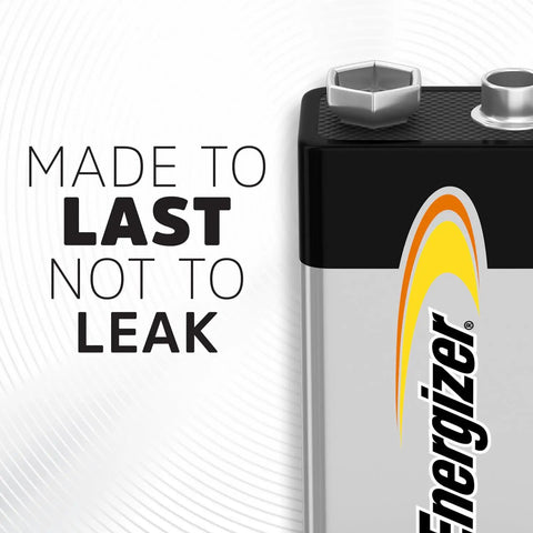 Top Shelf 9V Alkaline Batteries Eight Pack with label emphasizing durability and leak prevention, designed for emergency use.