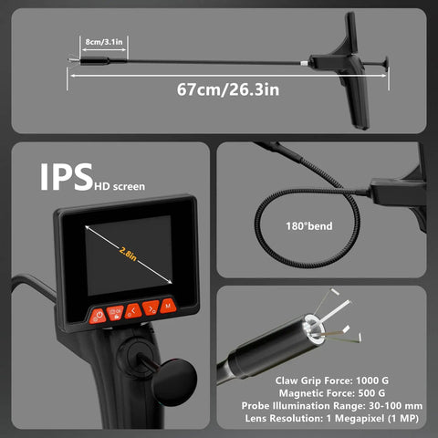 HD Endoscope Camera With Light And Grabber For Pipes And Auto Repair, Magnetic Pickup Sewer Borescope, IP67 Waterproof Drain Cleaning Tool With 6 LED Lights And 23.6 Inch Cable