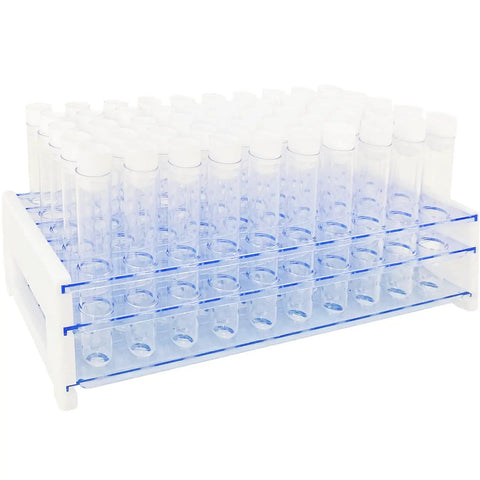 50 Pcs Clear Plastic Test Tubes With Rack And Caps, 16x100mm 10ml Capacity, 50 Hole Tube Rack on a white background