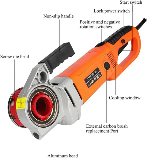 Hella Powerful 2300W Heavy Duty Electric Pipe Threader With Six Quick Change Dies For Galvanized Steel And Iron Pipes Professional Plumbing Tool Pure Copper Motor Handheld Threading Machine Kit Case Included close-up view showing aluminum head and non-slip handle features.