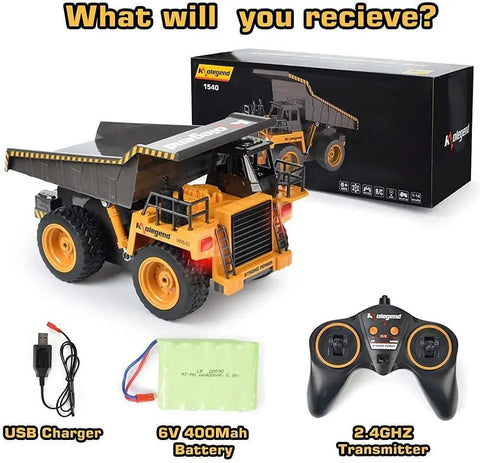 Remote Control Dump Truck For Kids And Toddlers, Realistic RC Construction Vehicle with rechargeable battery and accessories