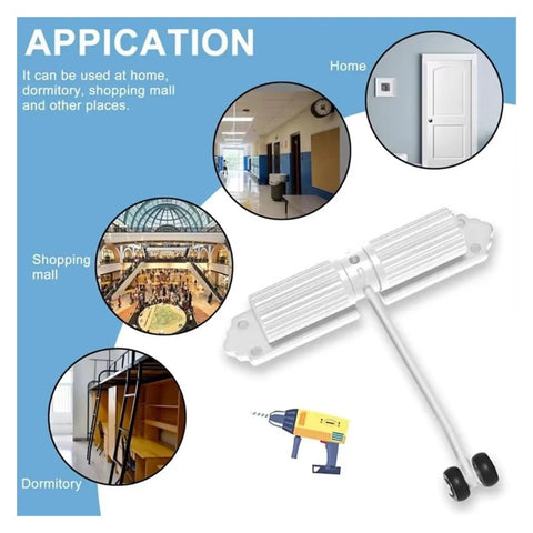 180 Degree Adjustable Door Closer With Hydraulic Damping, Black Aluminum Alloy Shell, showing diverse usage environments and tools.