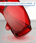 Anti Fog Dental Safety Glasses Ultra Lightweight Protective Eye Shields For Teeth Whitening Lights And Lab Work Fits Over Prescription Frames No Sweat Ventilation Built Tough For Range And Workshop Sweet Spot Comfort Red Lens Option with a sturdy red plastic frame.