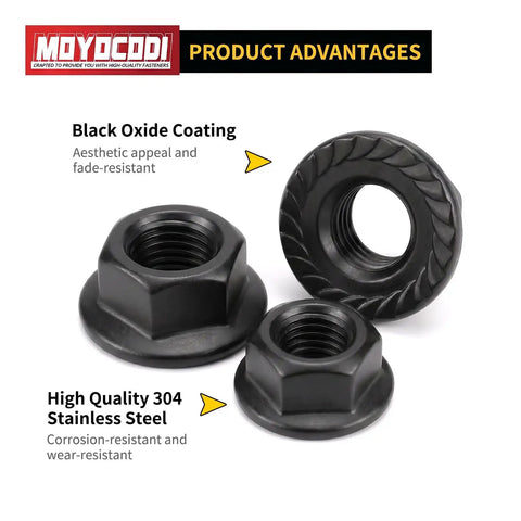 Bad Boy M6 Serrated Flange Hex Lock Nuts 25 Pack Heavy Duty Stainless Steel 304 Black Oxide Finish with serrated design.