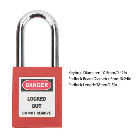 Six Hole Hasp Lockout Tagout Kit Nonconductive Thermoplastic Body with 1 Inch Shackle Safety Padlock labeled "Danger Locked Out"
