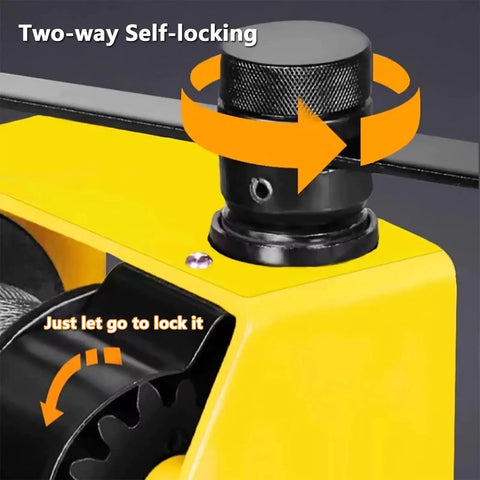 Close-up of Workhorse Heavy Duty Worm Gear Hand Winch Two Way Self Locking Manual Crank adjustment knob and locking mechanism.