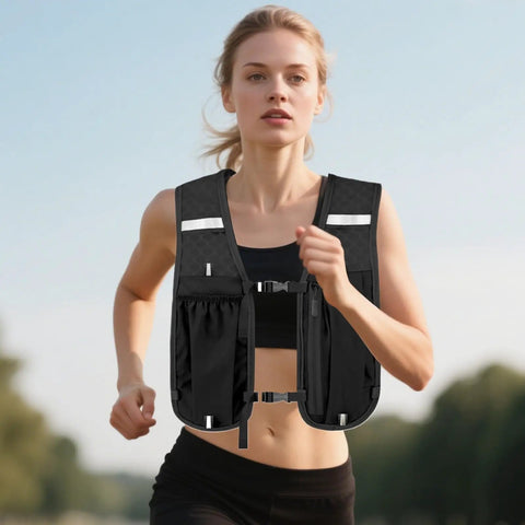 Person running wearing a Lightweight Hydration Vest For Running And Outdoor Adventures Secure Chest Pack With Multiple Pockets.