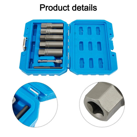 Five Piece Deep Socket Set For Damaged Nuts And Stripped Bolts With Reverse Thread Grip in blue case with detail view
