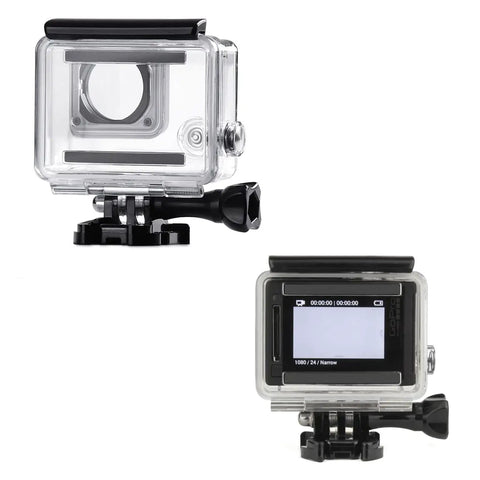 Front and back view of Beast Mode Waterproof Dive Case For GoPro Hero 3 3 Plus And 4 Black Silver Up To 40 Meters Underwater Housing
