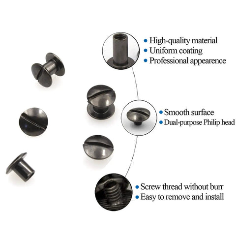 Slick Gun Metal Chicago Binding Screws, Clutch 36 Piece M5x6mm Nickel Plated Rivet Kit showing smooth dual-purpose Philip head and threads.