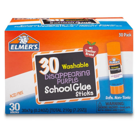 Disappearing Purple School Glue Sticks 7 Grams, 30 Count Pack For Classrooms, Mess-Free, Washable, Dries Clear, Non-Toxic, Package View
