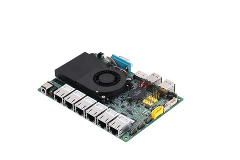 6 port network firewall mini PC motherboard with cooling fan and multiple USB ports, part of Built Tough 6 Port Network Firewall Mini Pc.