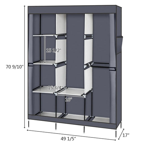 Portable Closet Wardrobe Organizer With Dustproof Cover Freestanding Storage Rack Hella Spacious Clothes Armoire For Dorm Or Apartment Straight Up Easy Pop Up Build Grey, showing dimensions and shelf layout.