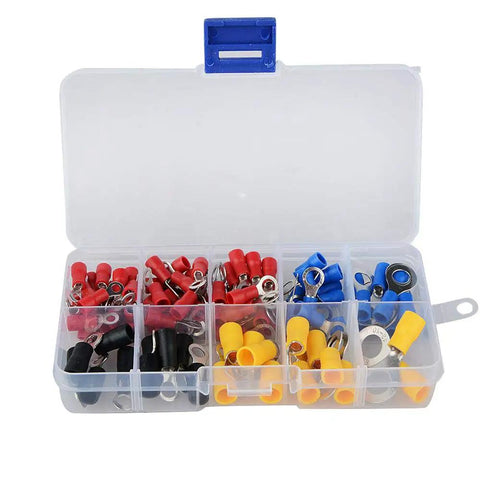 Heavy Duty 102PCS RV Electrical Wire Crimp Connector Kit Set Featuring 10 Kinds Of Insulated Ring Terminals Copper Cord Pin Ends And Butt Connectors Stored Neatly In A Rugged Box For Your Car Audio Install Or Van Build Hacks Today. open case with assorted insulated crimp terminals