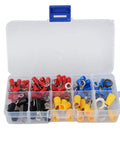 102-Piece Heavy Duty RV Ring Terminal Kit Featuring Insulated Copper Wire Crimp Connectors And End Butt Pins For Solid Auto Electrical Wiring Projects That Never Mess Up Your System. Clear plastic organizer with red, blue, yellow, and black ring terminals
