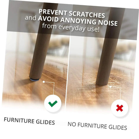 Comparison image showing 60 Heavy Duty PTFE Furniture Glides and Floor Protectors preventing scratches vs no glides.