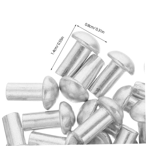 200 Pcs Solid Aluminum Dome Head Rivets M5x10 for DIY projects, showing dimensions and metal finish in close-up view.