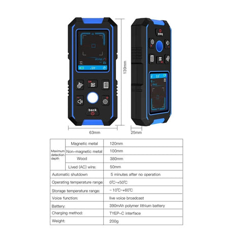No Sweat Stud Finder And Wall Scanner With Built In Metal Detector and Live Wire Tracker Accurate Depth Gauge front and side view with measurements.