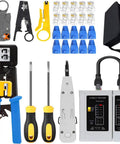 Pro Grade Network Tool Kit Set With Rock Solid Cable Tester And No Sweat Wire Strippers includes tools and connectors for easy cable jobs.