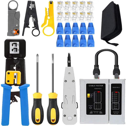 Pro Grade Network Tool Kit Set With Rock Solid Cable Tester And No Sweat Wire Strippers includes tools and connectors for easy cable jobs.