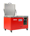 Heavy-Duty 12 Gallon Ultrasonic Cleaner With Digital Heater Timer, Top Shelf Stainless Steel Tank with red cabinet and open lid.