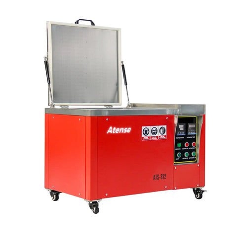 Heavy-Duty 12 Gallon Ultrasonic Cleaner With Digital Heater Timer, Top Shelf Stainless Steel Tank with red cabinet and open lid.