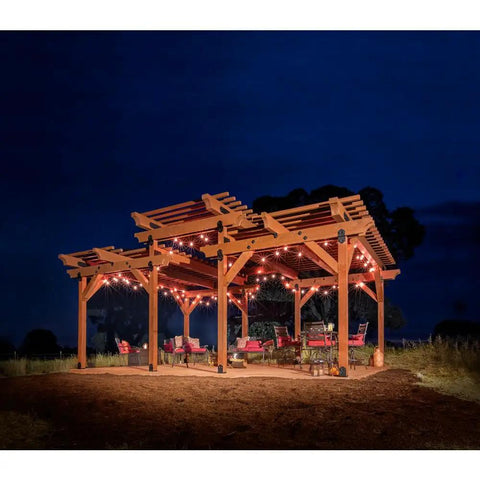 Wooden pergola at night with Mission Collection ZMAX Black Powder Coated 90 Degree Angle for 6X Lumber Outdoor Accents Pack of 12