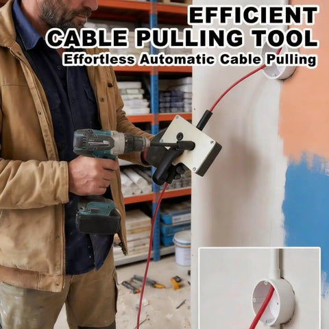 Man using wire puller tool for conduit and cable, fish tape pulling tool for tight bends and hard-to-reach spaces in action