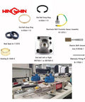 Water jet spare parts kit front collage featuring 020077-1 check valve body and assorted metal components.