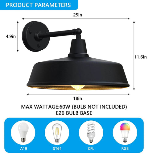Heavy Duty 18 Inch Outdoor Barn Gooseneck Light With Vintage Farmhouse Style Wall Mounted Exterior Fixture For Homes Porches And Garages Weatherproof Iron Construction Classic Rustic Porch Lantern For Outdoor Living, showing black iron finish.
