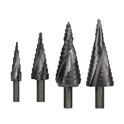 Versatile Step Drill Bit Set That Cuts Like Butter Made From Premium HSS Cobalt Steel To Punch Clean Holes In Metal Wood Or Plastic With One Cone Tool For Serious DIYers And Pros Who Need Precision And Durability Every Time On The Job. HSS step drill bits 4-12, 4-20, 6-30, 4-32