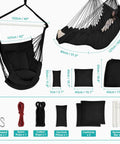 Hammock Chair With Foot Rest And Cushions, Durable Metal Spreader Bar Swing Chair, black, with accessories, indoor outdoor use.