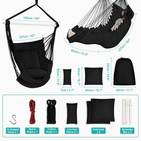Hammock Chair With Foot Rest And Cushions, Durable Metal Spreader Bar Swing Chair, black, with accessories, indoor outdoor use.
