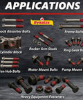 Applications of Red High Strength Thread Locker For Large Fasteners Permanent Lock Anaerobic Formula 1.70 Oz Bottle Pack Of Four Vibration Resistant And Solvent Resistant on various bolts and studs shown in image.