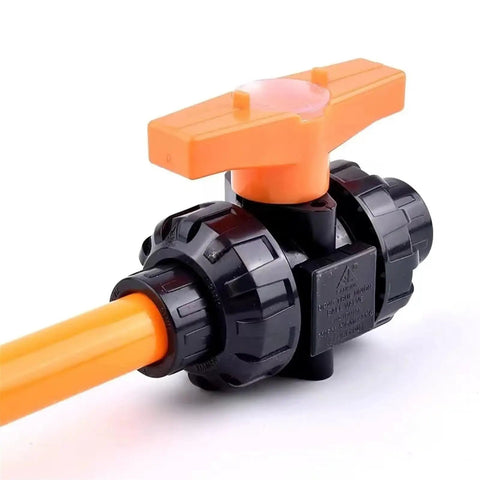 Built Tough Heavy Duty Pvc Ball Valve With Double Union Connector And Rock Solid Check Valve Delivers Slick Swivel Control For Nifty 75 To 110 Mm Garden Hose Line Jobs, black and orange valve, 75-110 mm size.