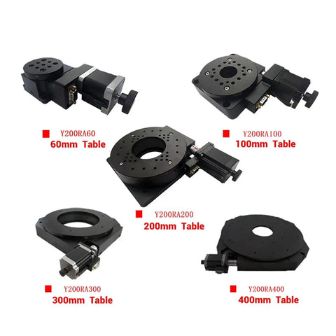 Image shows multiple sizes of Heavy Duty Hollow CNC Rotary Table With NEMA23 Gearbox Reducer And 180 To 1 Indexing Plate for workshop use.