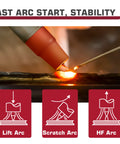 Close-up of Tig Welding Gun Wp-17V Argon Torch with arc demonstration, showing Lift Arc start stability in action