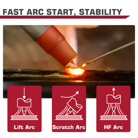 Close-up of Tig Welding Gun Wp-17V Argon Torch with arc demonstration, showing Lift Arc start stability in action