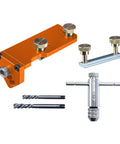Precision Aluminum Extrusion Drill Jig With Dead On Vertical Alignment Multi Size Snap Fit Saves Serious Shop Time Zero Guess Hole Placement For T Slot Profiles components including drill jig, handles, and drill bits.