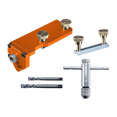 Precision Aluminum Extrusion Drill Jig With Dead On Vertical Alignment Multi Size Snap Fit Saves Serious Shop Time Zero Guess Hole Placement For T Slot Profiles components including drill jig, handles, and drill bits.