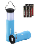 Two In One Mini Lantern And Flashlight Zoomable Portable Light For Camping Essentials And Emergencies with blue casing and batteries
