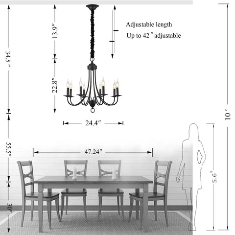 Diagram showing dimensions of Black 8 Light Farmhouse Chandelier With Easy Installation For Dining Room And Kitchen Over Table Rustic Pendant Ceiling Light With E12 Base Ideal For Bedroom And Hallway Decor above dining set.
