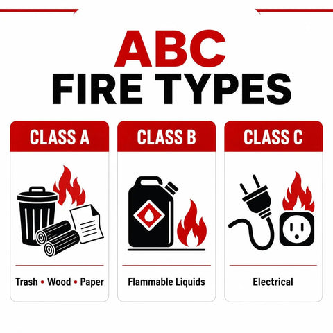 ABC fire types poster showing Class A, B, and C fires including trash, flammable liquids, and electrical hazards.