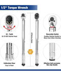 Heavy Duty Shop Torque Wrench Set Featuring Adjustable 5 To 100 Ft Lb Range Including Quarter Three Eighth And Half Inch Drives close-up of 1/2 inch torque wrench with easy-to-read calibration.