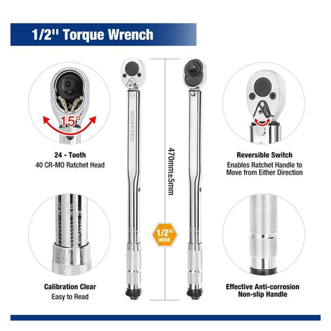 Heavy Duty Shop Torque Wrench Set Featuring Adjustable 5 To 100 Ft Lb Range Including Quarter Three Eighth And Half Inch Drives close-up of 1/2 inch torque wrench with easy-to-read calibration.