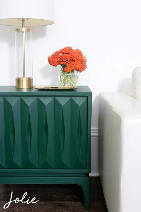Side table painted with Chalk Finish Paint For Furniture And Cabinets No Priming Or Sanding Water Based Low VOC Green Wise Certified.