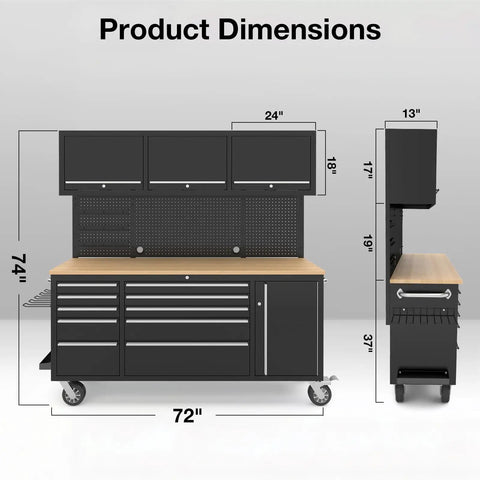 Product dimensions of Top Shelf 72 Inch Rolling Tool Chest With 10 Smooth Drawers Solid Rubber Wood Top Mobile Workstation.