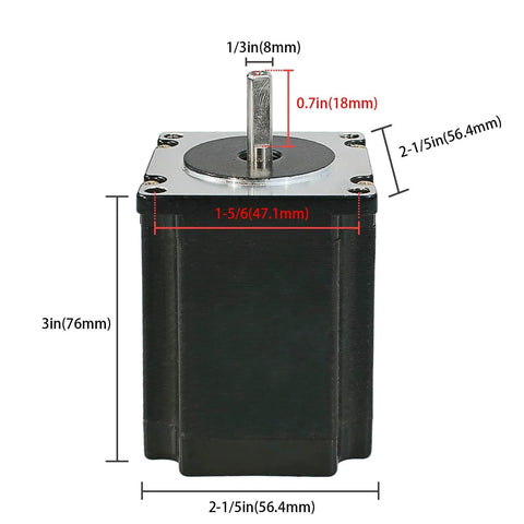 Nema 23 CNC stepper motor with 8mm shaft, 76mm length, and precise dimensions for high torque applications in CNC equipment.